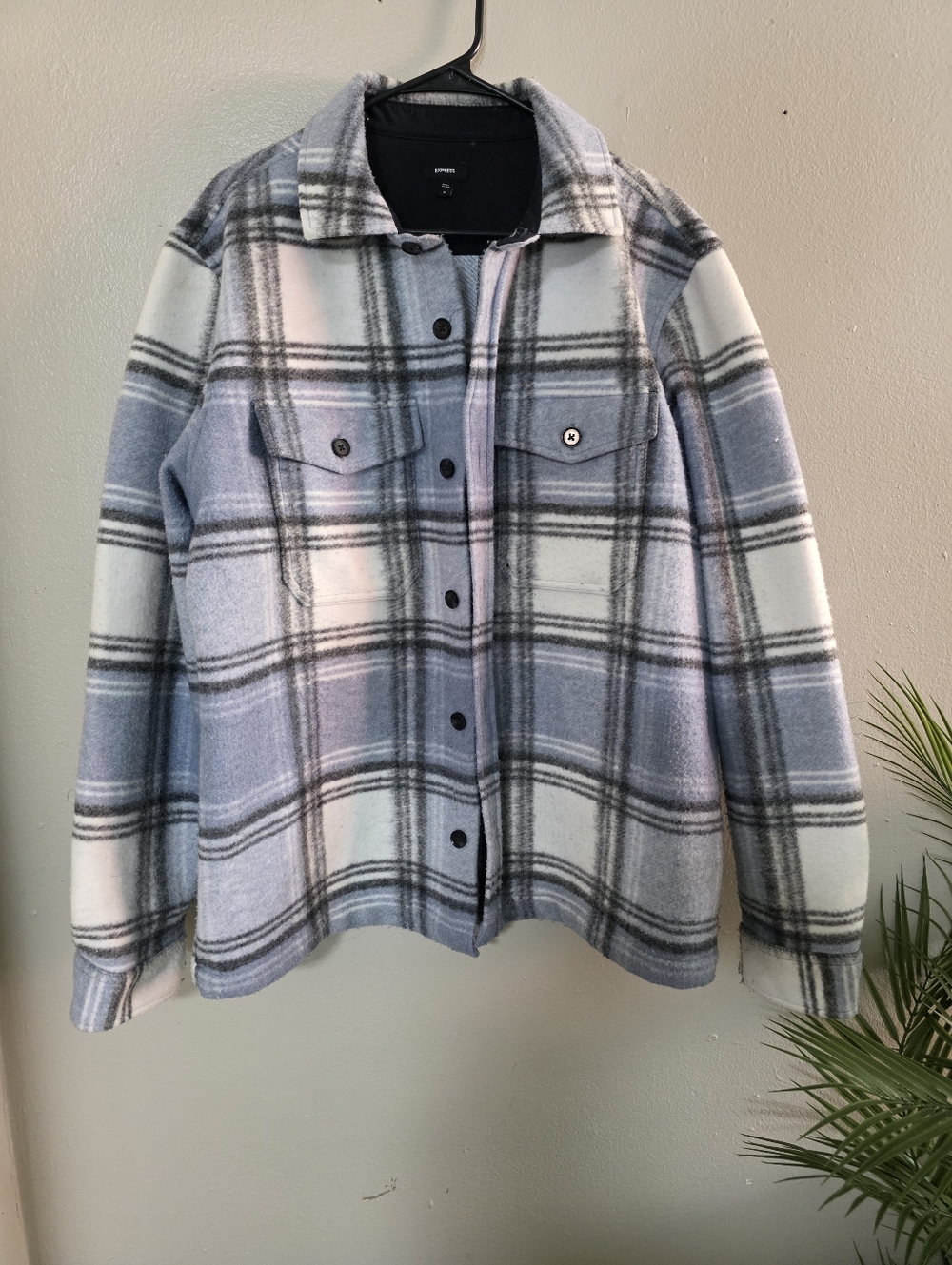 Express Plaid Button-Front Shacket Jacket in Light Blue and White